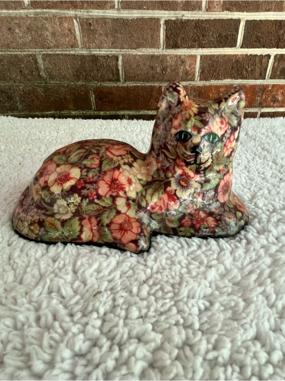 Vintage Chintz Floral Cat Decoupage With Ceramic Glaze Accent Piece Or Doorstop